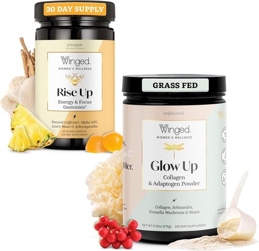 [BRSROCT7OF6B4GTH] Winged Rise Up Gummies | Energy & Brain Boost Supplement & Glow Up Collagen Powder | Better Hair, Skin, Nails for Women Bundle