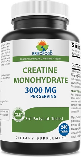 [BRSROFAEAECR43L2] Brieofood Creatine Pills 3000 mg per Serving - 240 Tablets - 3rd Party Lab Tested for Purity & Quality - Helps Improve Athletic Performance