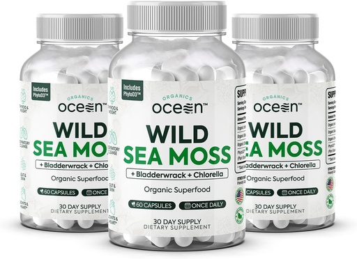 [BRSRAFICCUNBGDT4] Organics Ocean Wild Sea Moss Κάψουλες - 100% Βιολογικό Ιρλανδικό Μος με Βιολογικό Χλωρέλλα, Bladderwrack και Βιταμίνη D για την ενέργεια, την υγεία του πνεύμονα και Thyroid Υποστήριξη για τις γυναίκες και τους άνδρες - 3 μπουκάλια