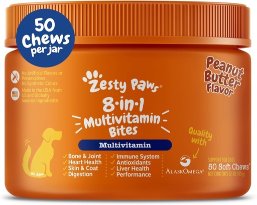 [BRSROZAPBUGRAHI4] Zesty Paws Dog Multivitamin, Chewable Dog Vitamins and Supplements for Hip & Joints, Skin & Coat, Omega 3 Fish Oil for Dogs- Senior & Puppy Multivitamin- Peanut Butter- 50ct