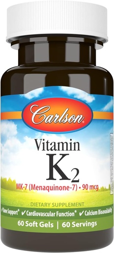 [BRSWGZLRCACR4FYY] Carlson - K2-vitamiini MK-7 (Menakinoni), 90 mikrog, luutuki, kalsiumin biologinen hyötyosuus, K2-vitamiini, K-2-vitamiini, 60 Softgelia