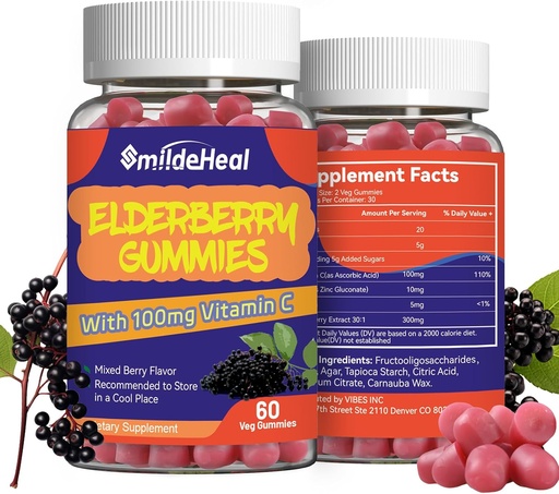 [BRSRAYIBOICRQ3LZ] Vlierbessen Gummies, Vlierbessen Extract 300mg, met vitamine C en zink, aardbeiensmaak Gummies, Non-GGO's, Glutenvrij, Vegan-Vriendelijk, Immune Support, 60 Tellen (pakket van 2)