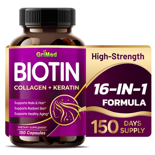 [BRSROGT3CQOWC333] GriMed BIOTIN with Collagen + Keratin 7,275mg Strong Nails & Hair, Radiant Skin, Healthy Aging (150 Count (Pack of 1))