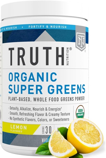 [BRSW2GIYOUNGADLZ] Truth Nutrition Super Greens Powder - Organic Green Superfood Powder to Boost Energy & Immunity, Egészséges emésztés a férfiak és nők számára, zöld kiegészítés Smoothie Power Mix (Lemon)
