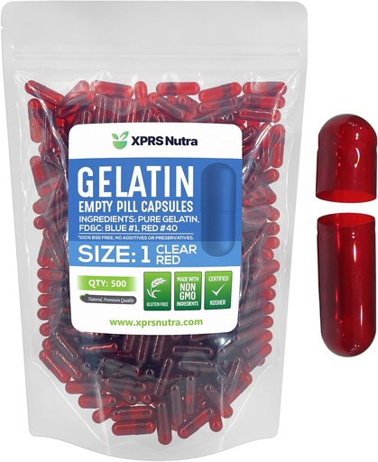 [BRSW2ZQEC4JROYL3] XPRS Nutra Size 1 Empty Capsules - 500 Count Colored Empty Gelatin Capsules - Pill DIY Supplement Capsule Filling - Fillable Color Gel Caps Pills for Do-It-Yourself Supplements (Clear Red)