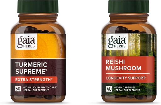 [BRSROEILCIMRU3LG] Gaia Herbs Turmeric Supreme Extra Strength - 60 Vegan Sıvı Phyto-Capsules & Reishi Mushroom - Immune System & Supports Heart Health - 40 Vegan Liquid Phyto-Capsules (2 Pack)