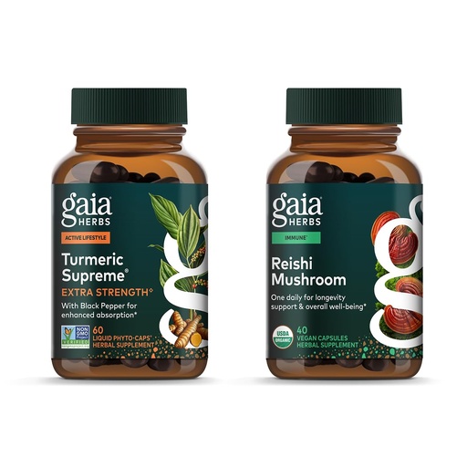 [BRSROEILCIMRU3LG] Gaia Herbs Turmeric Supreme Extra Strength - Supports Occasional Discomfort* 60 Phyto-Caps & Reishi Mushroom - Adaptogen Herbal Supplement for Longevity Support* - 40 Phyto-Caps (2 Pack)