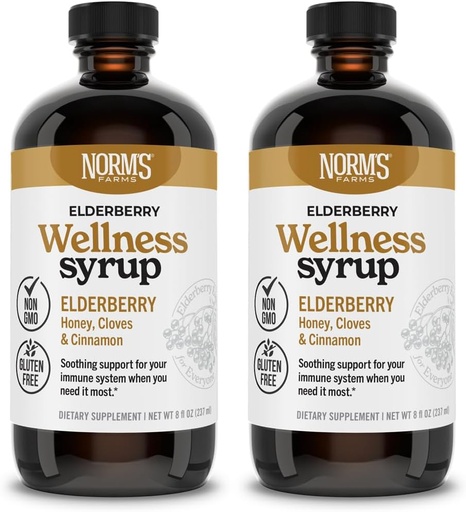 [BRSWGFQFPIGRMDQ7] Norm's Farms Wellness Black Elderberry Syrup with Honey, Cinnamon & Cloves - Made in USA, Natural Immune Support, No Alcohol or Fillers, Gluten-Free, Non-GMO, Vegan, Pure Elderberry Syrup - 2PK 8 Oz