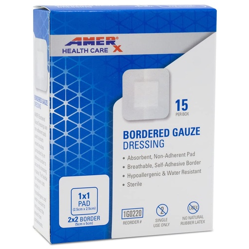 [BRSWYFQKOAPGY3DX] 2" x 2" Dressing (1x1 Pad) AMERX Bordered Gauze - Adhesive Bandages - Water Resistant Barrier - Self Adhesive Border - Breathable, Hypoallergenic - 15 Pads Per Box