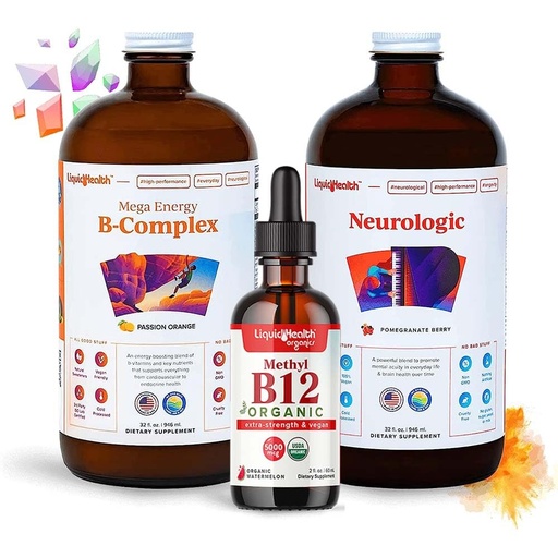 [BRSRAHQRCAIBEALX] LIQUIDHEALTH Adult Focus & Energy Liquid Vitamin Bundle with Mega Energy B-Complex, USDA Organic Methyl B12 Drops, Neurologic Nootropic Focus Supplement - Boost Energy, Mood - USA Made, Vegan, Non-GMO