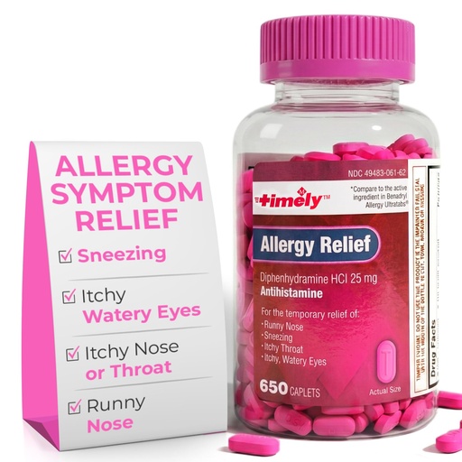 [BRSW2AYRO4CBM3QV] TIME-Cap Labs 650 Caplets Diphenhydramine HCl 25mg Allergy Relief – Antihistamine for Adults, Helps Relieve Sneezing, Runny Nose, Itchy Watery Eyes & Itchy Throat