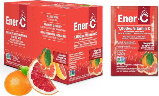 [BRSWIG34BYOBMCTK] Ener-C Tangerine & Grapeut Multivitamin İçki Mix, 1000mg Vitamin C, Qeyri-GMO, Vegan, Real Fruit Juice Tozlar, Natural Immunity Support, Electrolytes, Gluten Pulsuz, 1-Paket 30