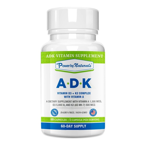 [BRSWGED7OZ6R42DO] Power By Naturals ADK Vitamin Supplement – Vitamins A, D3 & K2 MK-7 for Bone Health & Calcium Absorption – Gluten-Free, Soy-Free – 60 Capsules (2-Month Supply)