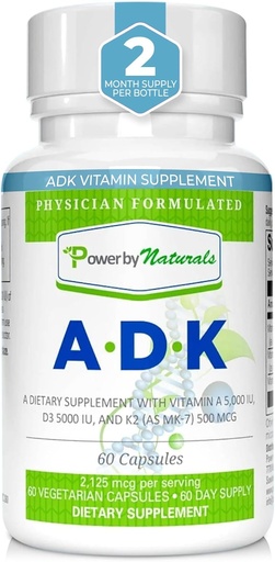 [BRSWGED7OZ6R42DO] Power By Naturals ADK Vitamin Supplement - Vysoká potence směsi VIT A D3 K2 Vitamin 5000 iu - Podpora kostí, srdce a imunitního zdraví - 60 Kapsle (2 Měsíční zásoba)
