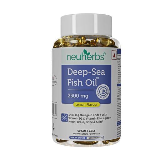 [BRSWGBI5AEDWG3DA] Neuherbs Deep Sea Omega 3 Fish Oil Capsules 2500mg Triple Strength - Supplement for Heart, Brain & Joint Support - No Fishy Burps, Lemon Flavour - 60 Softgels for Men & Women