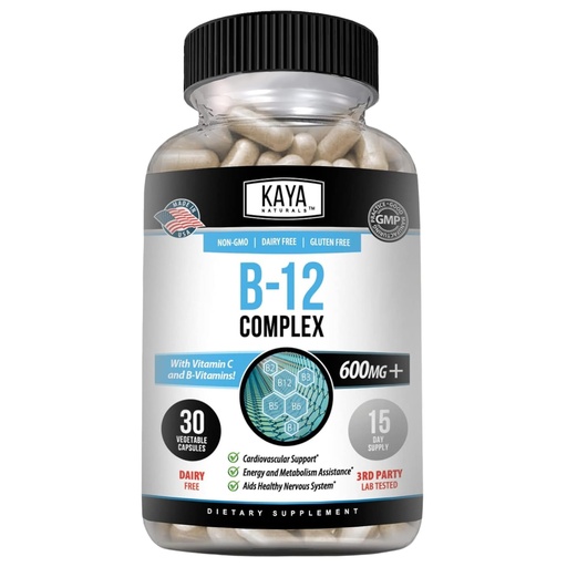 [BRSRMZIQDIHWY3Y3] Kaya Naturals B-12 Complex | Multivitamin Supplement for Women & Men Energy and Metabolism Booster | B-Complex Vitamin with Biotin, Choline, Inositol, Folate, and Vitamin C - 30 Capsules
