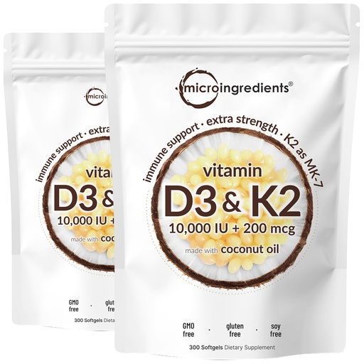 [BRSRAZILPJ6QIYLJ] Micro Ingredients Vitamin D3 10,000 IU + K2 MK-7 200 mcg, 600 Softgels with Virgin Coconut Oil (2 Pack) | 2-in-1 Vitamins D & K Complex | Extra Strength, Easy to Swallow, Non-GMO, Gluten Free