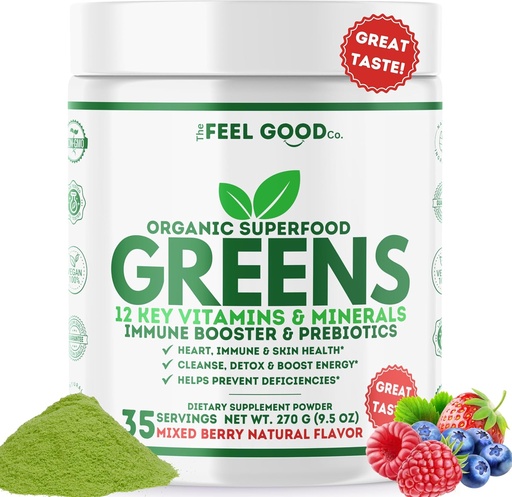[BRSRAYATDFYBM234] Feel Good Super Greens Toz - Organik Green Juice, Buğday Grass No add Sugar, Spirulina, Chlorella, Probiyotiks, Digestive Enzyme, Antioxy Rich, Immunity Boost Green Superfood, 35 SVG, Daily Green Juice,