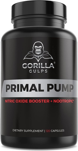[BRSROZAKCANA4DL6] Gorilla Gulps - Primal Pump Nitric Oxide Supplement Nootropic 1500mg Nitrosigine L Arginine & Repee Root for Muscle Growth, Pumps, Krvný tok, Energia a zameranie - Max Strength Pre Cvičenie N.O. Booster