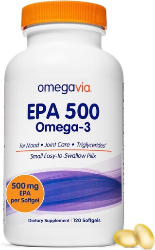 [BRSWIFT2OQNGIELO] OmegaVia EPA 500, Suplemento de aceite de peixe omega-3 purificado, 500 mg EPA en forma de triglicéridos, aceite de peixe sen graxa, non GMO, Gluten-Free, IFOS 5-Star, 120 Softgels