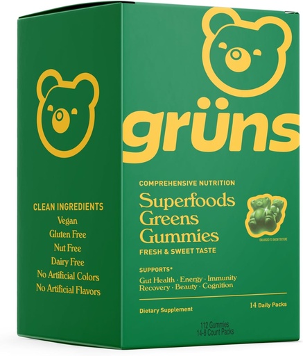 [BRSRAHYLC4HAOHYZ] Gruns Super Greens Gummy Bears - Organic Spirulina and Chlorella, Prebiotics for Digestive Health, 20+ Vitamins and Minerals - 14 sachets - 112 Gummies