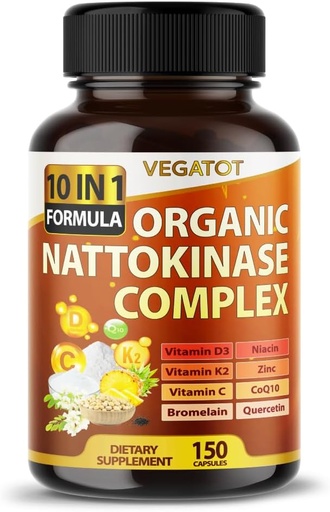[BRSROH37BYBAYGTL] VEGATOT Organic Nattoкиназа Complex - 10IN1 Формула Витамин D3, Ниацин, Витамин K2, Цинк, CoQ10, Querceetin - Made in The USA (150 Count (Pack of 1)