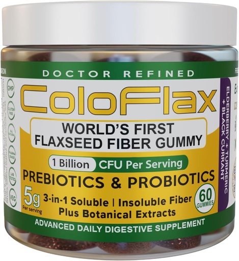 [BRSRMFQ5OINQE2TB] Organic Flaxseed Fiber + Probiotic Gummies | Constipation Relief & Regularity Without The Cramp for Adults, Soluble & Insoluble Triple-Fiber Vegan Gummies - 30 Servings