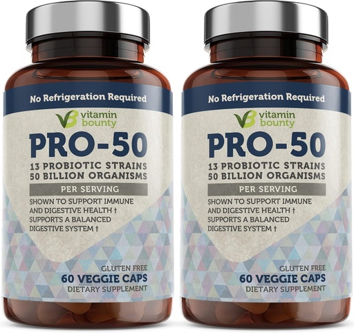 [BRSWGGT5DMFQMDLJ] Vitamin Bounty Pro-50 Probiotic 50 Billion CFU - 13 Strain Supplement for Men & Women + Prebiotics - Digestive Health & Gut Support - Lactobacillus & Bifidobacterium - Delayed Release Capsules, 2 Pack