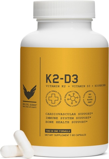 [BRSWGAAFCAPGGDQV] High Level K2D3, Vitamin K2 & D3 Supplement with BioPerine Black Pepper, Dual Action Complex for Heart, Bone, Immune Support, 5000 IU D3, 100 mcg K2, Vegetarian, 60 Veggie Capsules