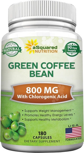 [BRSWKFT4AEPGIHAZ] aSquared Nutrition Natural Green Coffee Bean Formula-180 Capsules-Max Strength GCA Antioxidant Cleanse for Pure Weight Loss, 800mg per Pill-Chlorogenic Acid-1600mg Daily Supplement, Healthy Fat Burner