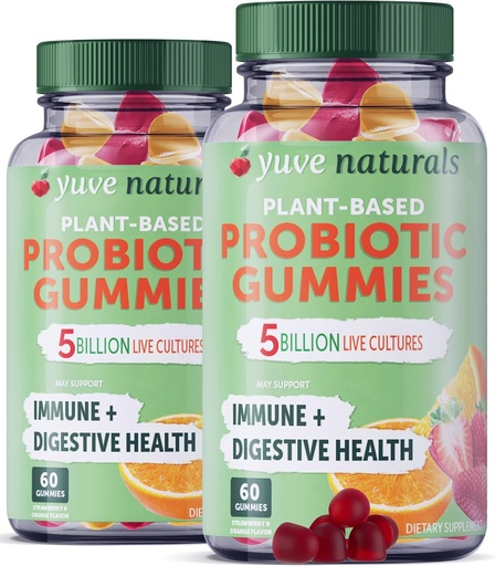 [BRSROBT2CF7REE34] Yuve Vegan Probiotic Gummies, Probiotics for Women & Men, Sugar & Gluten-Free Gummy Probiotics, Digestive & Immune Support, 5 Billion CFU, Helps with Constipation, Bloating & Leaky Gut - 60ct (2 Pack)