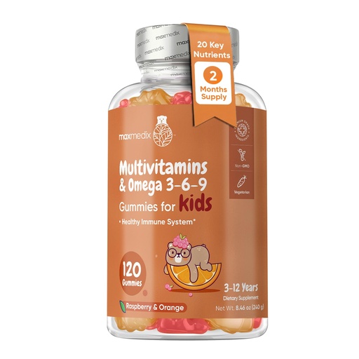 [BRSWYGIDPIHQ4G3O] maxmedix Kids Multivitamin Gummies with Omega 3 6 9 | 20 Key Vitamins C, A, D, E, B12 & Zinc - Daily Multivitamin for kids Healthy Immune System, Raspberry & Orange Flavors, 2-Month Supply (120 Count)