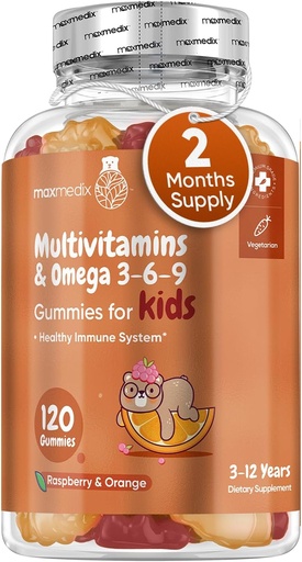 [BRSWYGIDPIHQ4G3O] maxmedix Kids Multivitamin Gummies with Omega 3 6 9 - 120 Gummies (60 Servings) - Essential Kids Vitamin A, C, D & B12, Minerals & Nutrients - Natural Raspberry & Orange Flavor - Third-Party Tested