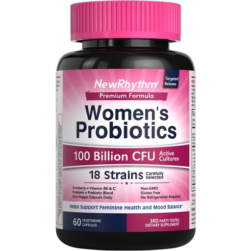 [BRSROHQYCEIWEFDF] NewRhythm Probiotics for Women, P-5-P, Vitamin C & Organic Cranberry, 100 Billion CFU 18 Strains, Prebiotics & Vaginal Probiotics for Digestive Health & PH Balance, 60 Capsules, No Dairy
