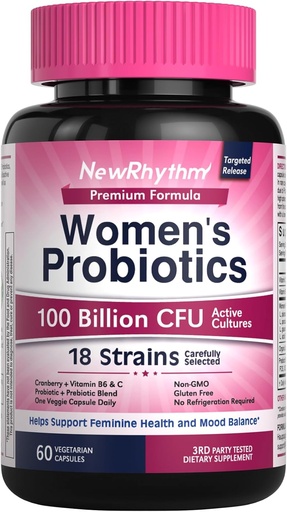[BRSROHQYCEIWEFDF] NewRhythm Probiotics for Women, P-5-P, Vitamin C & Organic Cranberry, 100 Billion CFU 18 Strains, Prebiotics & Vaginal Probiotics for Digestive Health & PH Balance, 60 Capsules, No Dairy