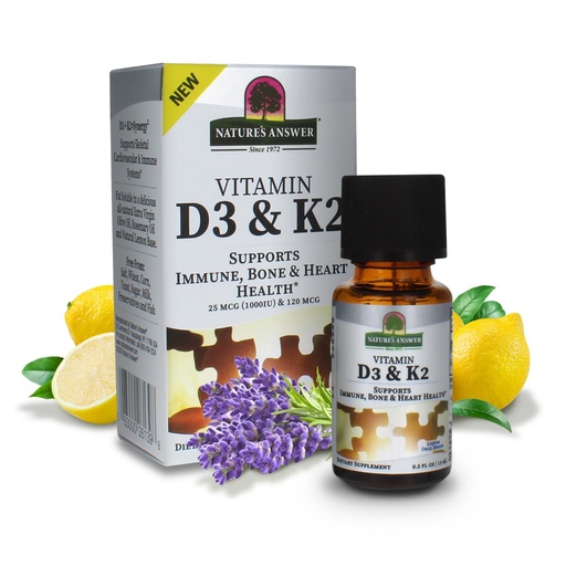 [BRSWYGD5A4HGKDLZ] Nature's Answer Vitamin D3 and K2, 0.5 oz - Liquid Extract Oral Drops - Supports Immune, Bone and Heart Health - in a Delicious Olive Oil, Rosemary Oil, and Natural Lemon Base
