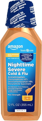 [BRSW2CQNBEIGGGTA]   Basic Care Nighttime Honey Flavor Severe Cold and Flu Relief, Liquid Medicine, 12 fl oz (Pack of 1)