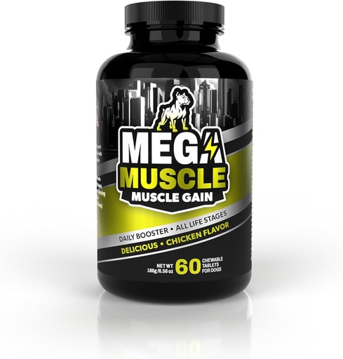 [BRSRAGQNA57QIYDB] Mega Muscle - Muscle Gain | Daily Booster Chewable Tablets Multivitamin for Dogs in All Life Stages | High Protein, Weight Gain Puppy & Adult Dog Supplement | Chicken Flavor | 60 Tablets