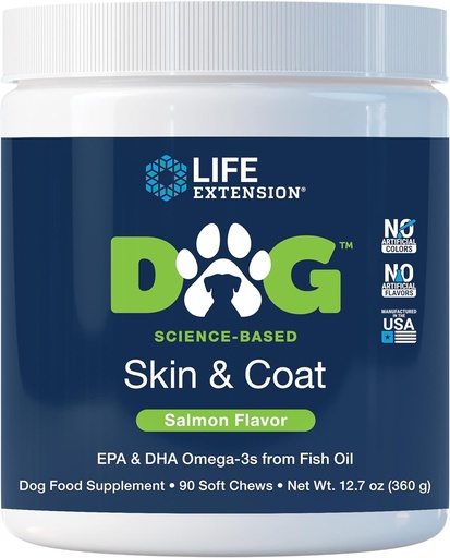 [BRSROGIQOEPGKYDA] Life Extension Dog Skin & Coat - Dog Food Supplement for Healthy Skin and Coat – Omega-3 Fish Oil for Dogs, Salmon Flavor, No Artificial Colors or Flavors - 90 Soft Chews