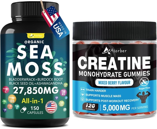 [BRSRAEI7DIPWKGTH] Sea Moss & Creatine Monohydrate Gummies Bundle 270 Count – Organic Sea Moss Black Seed Oil Aşhwagandha Ginger & Creatine Monohydrate (2 Pack)
