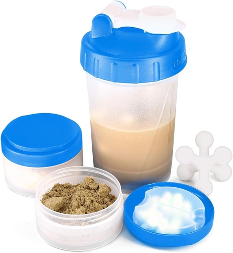 [BRSROHADCANA4HLJ] 16oz Protein Shaker Flaske med shaker Ball og 2 storage krukker Budding- 124; BPA- Free Plastic Cup med klar måling skala Budding124; Perfekt til Protein Mixes og Pills Budding124; Bærbar Pre- Workout Drink Cup Buddingblå