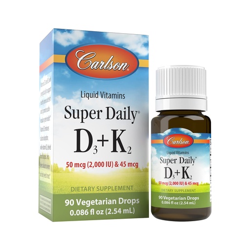 [BRSW2FTYB4PBOHI6] Carlson - Super Daily D3 + K2, 50 mcg D3 + 45 mcg MK-7, Heart & Bone Health, 90 Liquid Drops, 2.54 ml