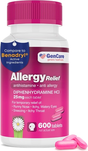 [BRSWGH36B4DQE33P] GenCare - Allergy Relief Medicine - Antihistaminique Diphénhydramine 25mg (600 comprimés par bouteille) Value Pack Relieve for Itchy Eyes, Sternezing, Runny Nose