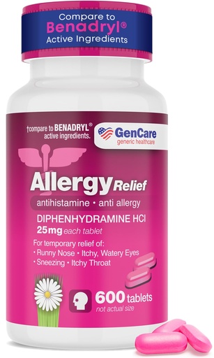 [BRSWGH36B4DQE33P] GenCare Allergy Relief Medicine – Bulk Value 600 Count Diphenhydramine 25mg – Antihistamines for Adults for Congestion, Sneezing, Runny Nose, Itchy Eyes & Throat – Pink Generic Benadryl Tablets 25 mg