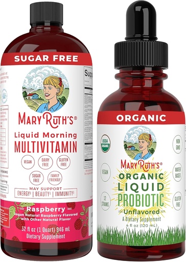 [BRSWYFIRDMBAGEQU] MaryRuth Organics Liquid Multivitamiini Vadelma & Liquid Probiootti 4oz Bundle Vegaani A-, B-, C-, D3-, E- ja Aminohapot Immuuni, Digestio, Focus & Energy Support .