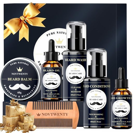 [BRSRA2YZDMDROEI7] Beard Growth Kit - 7 Pc Kit, Includes Wash, Oil, Conditioner, Balm, Comb, Gift Box Set for Men