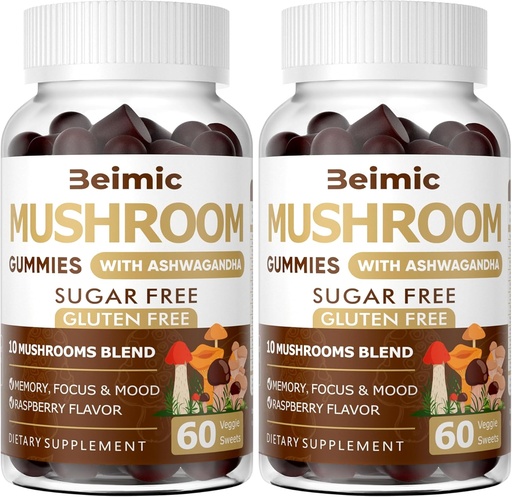 [BRSROH37CJYA4HLG] Mushroom Gummies - 10x Mushroom Supplement with Ashwagandha and Lions Mane (120 Chews) Nootropic Brain Supplement, Immune Support & Stress Relief (Pack of 2)
