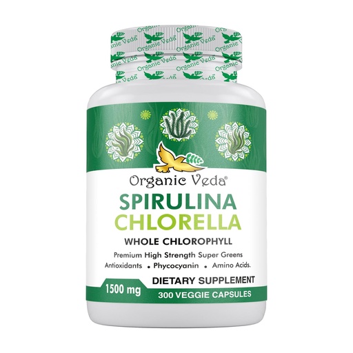 [BRSROAL7AF6RSC3A] Organic Veda Spirulina & Chlorella Capsules, 1500mg, 300 Count - Spirulina Chlorella Capsules with Super Green Antioxidants, Phycocyanin, Amino Acid - Boost Immunity, Energy, Support Digestion