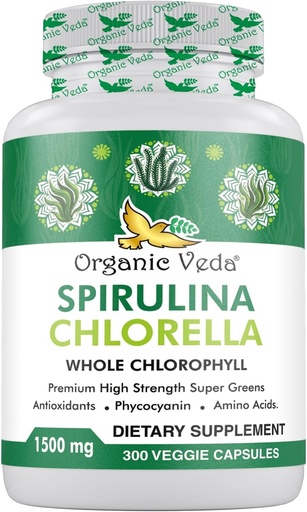 [BRSROAL7AF6RSC3A] Organic Veda Spirulina " Chlorella Capsules, 1500mg, 300 count - Spirulina Chlorella Capsules with Super Green Antioxidants, Phycocyanin, Amino Acid - Boost Immunity, Energy, Support Digestion