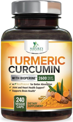 [BRSWGCQOA55RMF3X] Kurkuma Curcumine Supplement 2600mg - 95% Curcuminoïden met Organische Kurkuma & BioPerine Black Pepper Extract voor Beste Absorptie, Natuurlijke Vegan Joint Support, Niet GMO, Gebotteld in de VS - 240 Capsules